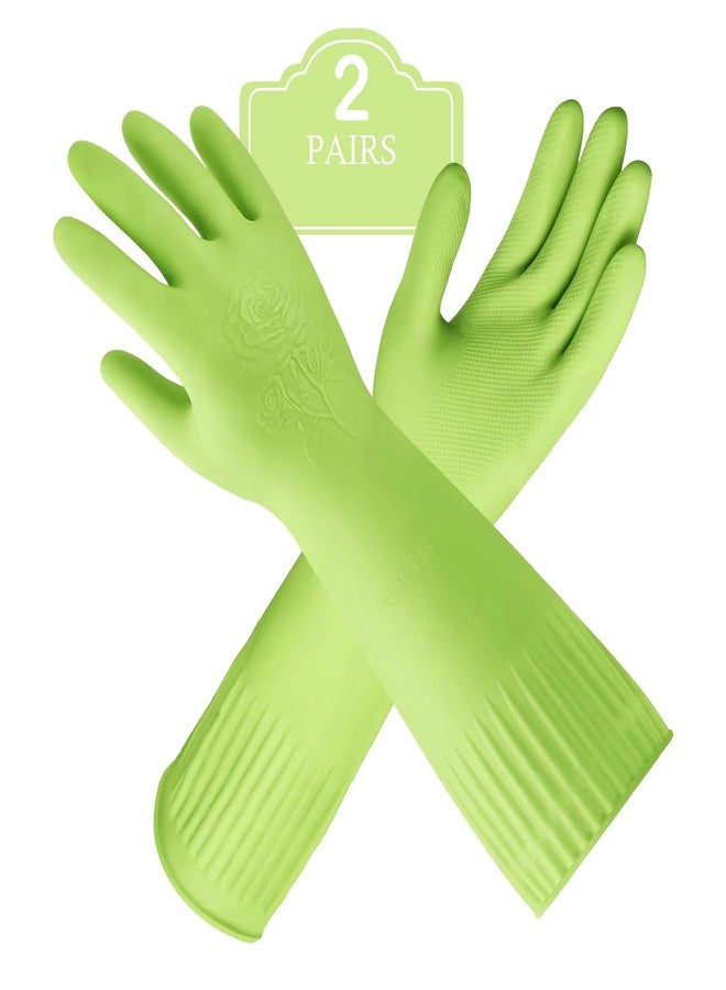 Disfore 2 Pairs of Durable Rubber Gloves, Reusable Non-Slip Cleaning Gloves, Long-Sleeved Waterproof Dishwashing Gloves to Protect Hands, Soft and Comfortable Premium Kitchen Gloves, (Small Green) - Image 1